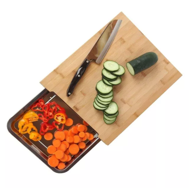 Wooden Bamboo Chopping Board Cutting Slicing With Sliding Stainless Steel Tray