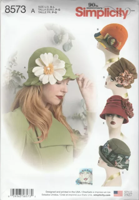 Simplicity Sewing Pattern 8573 Miss Vintage Style Cloche Flapper Hats Sz S,M,L