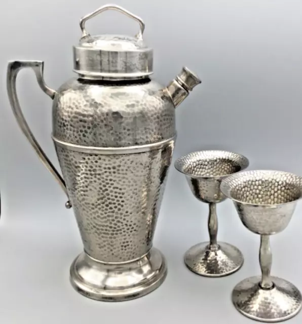 Antique Hammered Silver Cocktail Shaker  - Martini goblets 1920’s