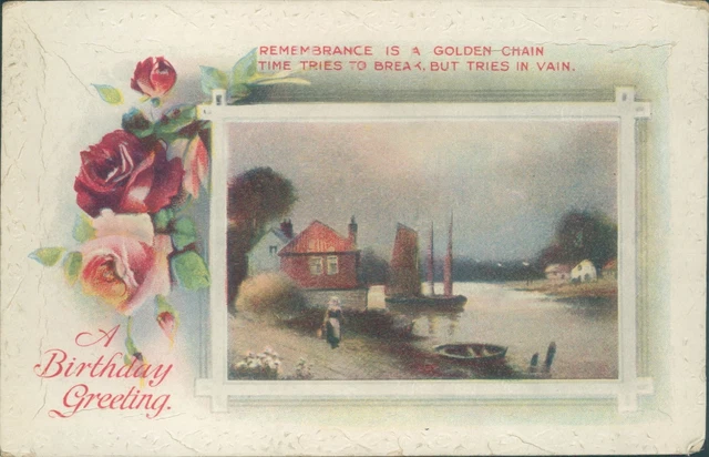 Birthday greeting roses inset rural scene