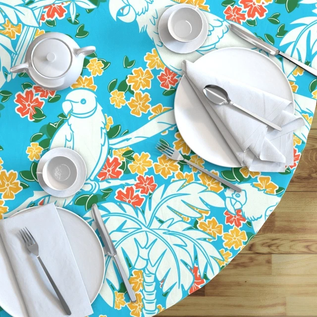 Round Tablecloth Tropical Paradise Birds Palm Trees Bright Exotic Cotton Sateen