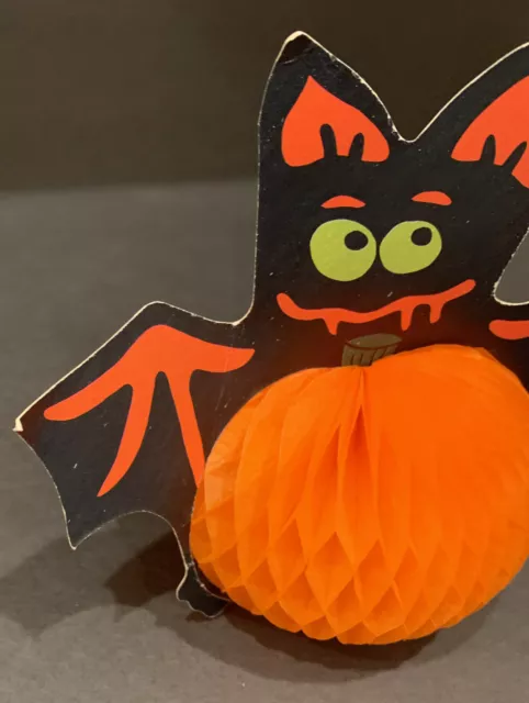 Beistle Halloween Honeycomb Pumpkin 1975 With Cat, Bat, Witch, And Scarecrow 3