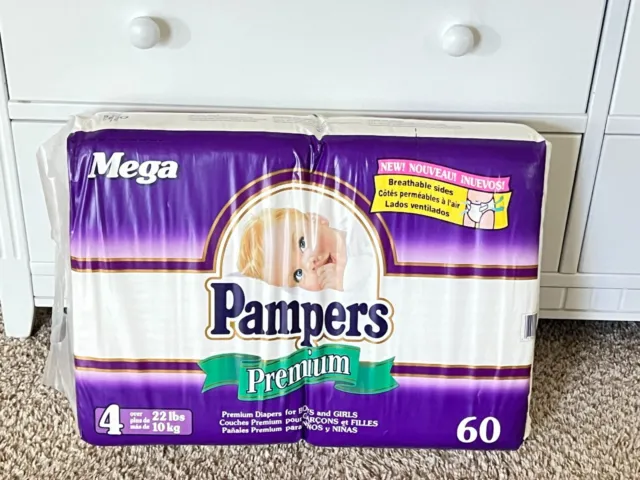 Vintage Large 1996 Pampers Premium Disposable Diapers HUGE Mega 60ct Package