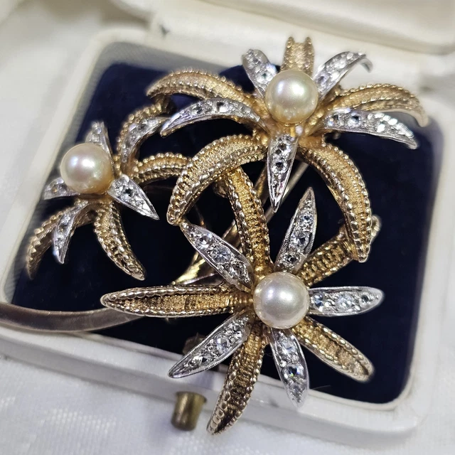 Broche Vintage Argent Et Vermeil – Fleurs, Zircons Et Perles – France