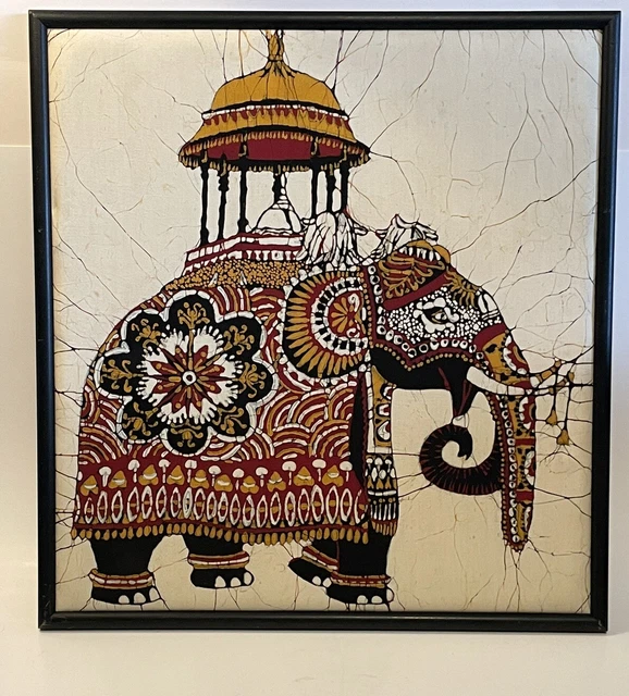 Vintage 1980 Sri Lanka Batik Framed Handmade Traditional Asian Elephant 16 x 16