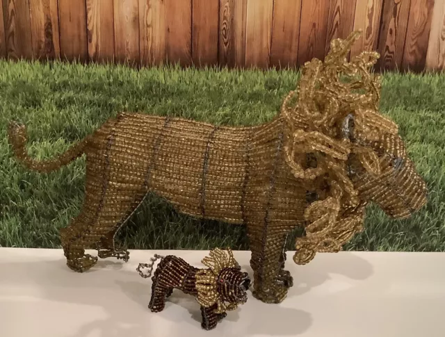 Beaded Large Lion & Cub Figurine African Safari Decor Golden Brown Vintage 70’s