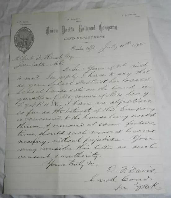 Vintage 1872 Letter on Union Pacific Railroad Company letterhead