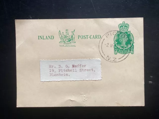 NZ  1957  QEII 2d Green  Inland  Postcard Picton to Blenheim  (NZF589)