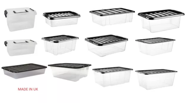 Clear Plastic Storage Boxes with Lids Stackable UK Made Box Home Office Kitchen