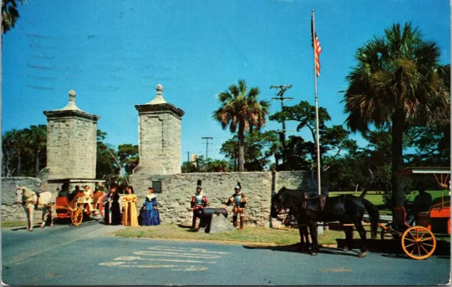 Oldest City Gates St Augustine Florida FL Horse Buggies US Flag Chrome Postcard