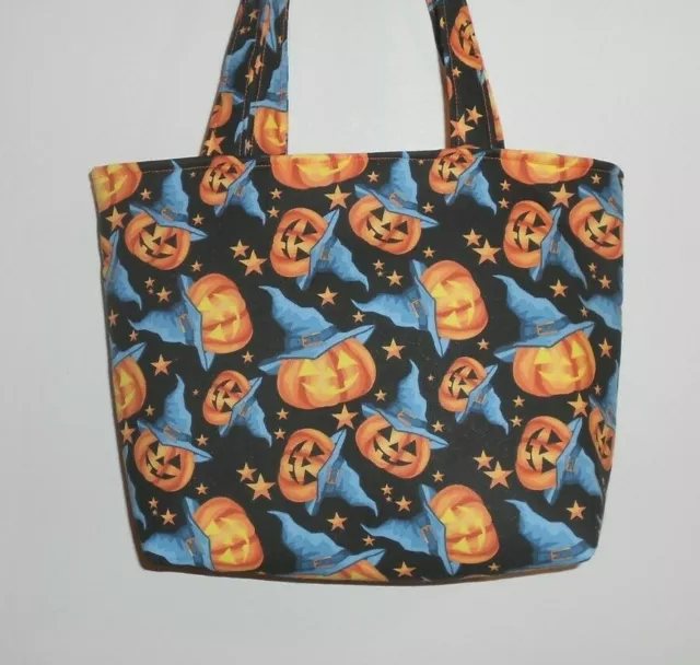 Handmade Halloween Jack o lantern with Witch Hat & Stars Purse Tote Bag