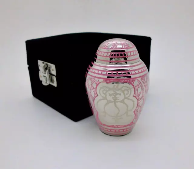 3" Solid Brass Pink Teddy Bear Cremation Memorial Keepsake Urn + Velvet Case NIB