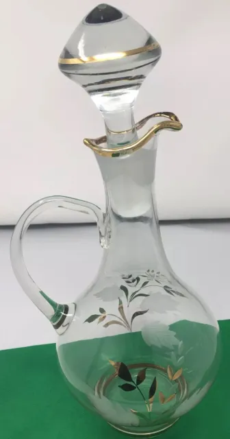 Vintage Glass Decanter With Etching Lid, Handpainted Design Gold Edge 13 1/2”