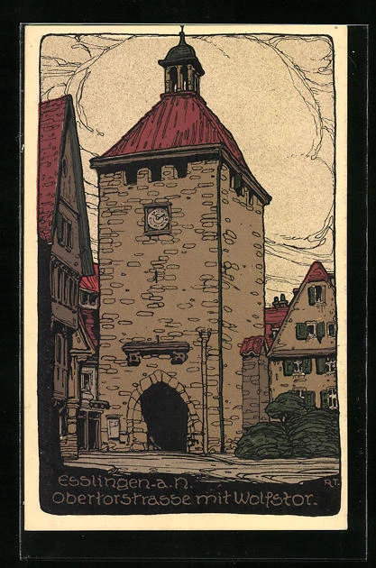 Steindruck-AK Esslingen a. N., Obertorstraße mit Wolfstor