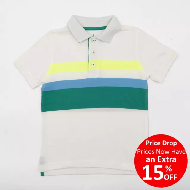Mini Boden Boys Polo Shirt White Neon Stripe Cotton Short Sleeve Summer Holiday