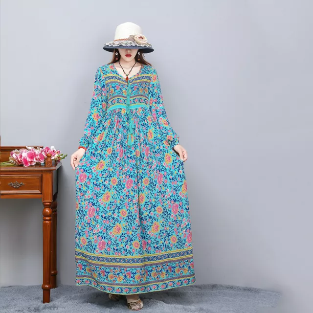 Femme Floral Robe Longue Coton Bohême Ethnique Grand Swing Trapèze Été Plage