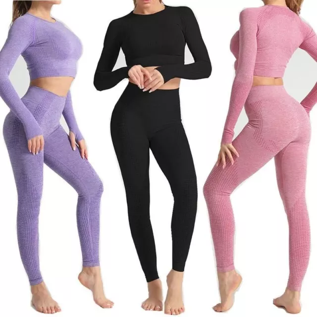 Mujer sin Costuras Yoga Set en Forma SPORTS Trajes Gimnasio Paño Largo Manga Top