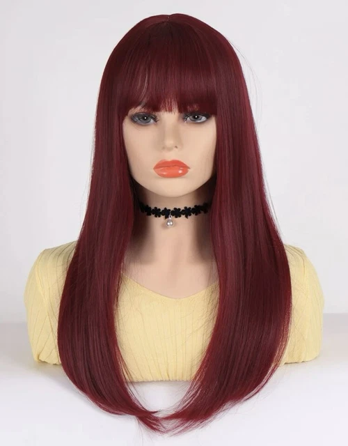 Perruque Synthétique Longue Couleur Rouge Pour Femme - Avec Frange Et Bonnet Ajustable (taille Moyenne)