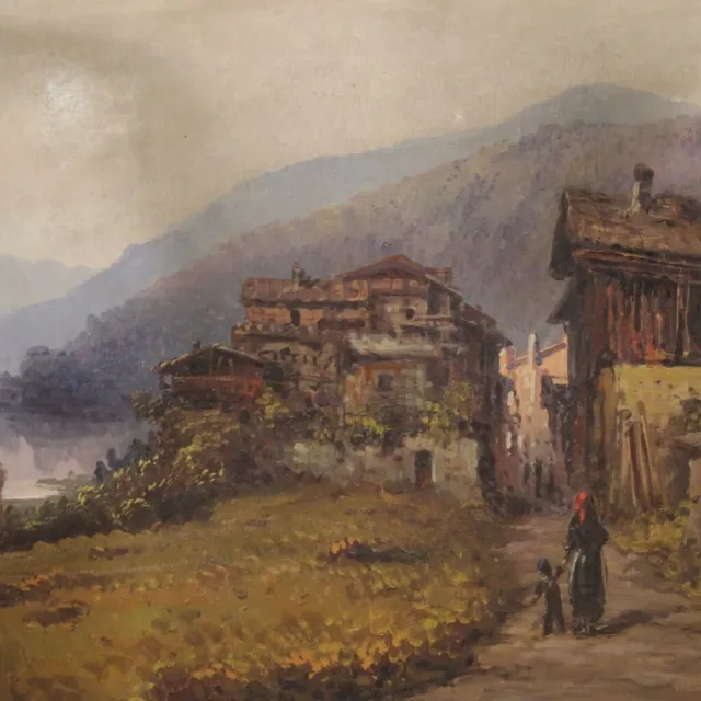 Pintura paisaje firmado cuadro italiano óleo sobre tablero marco 800 siglo XIX