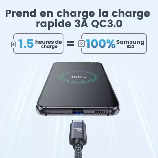 Cable USB C USB3.0, USB C Vers USB Charge Rapide 3A QC3.0, Cable Chargeur USB C 3