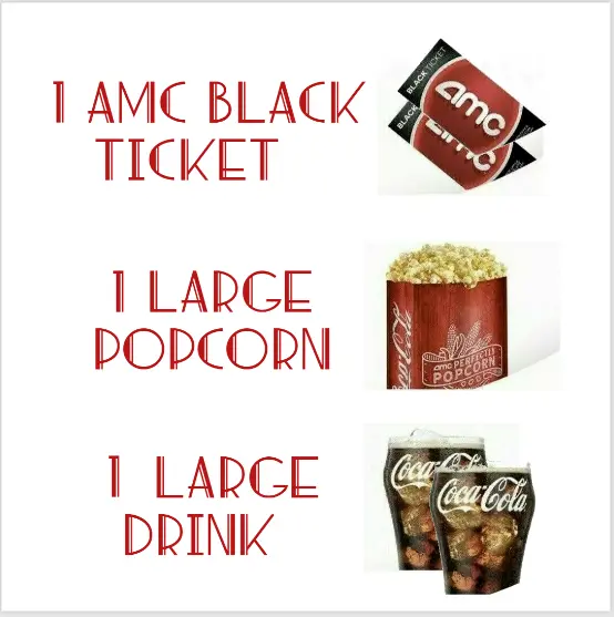 1 AMC Black Movie Ticket, 1 Popcorn & 1 Drink Voucher 24 HR Delivery