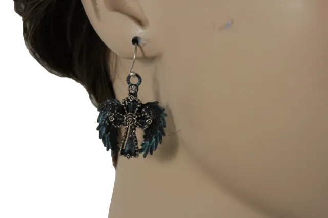 Women Earring Set Fashion Jewelry Silver Metal Angel Wings Cross Turquoise Blue