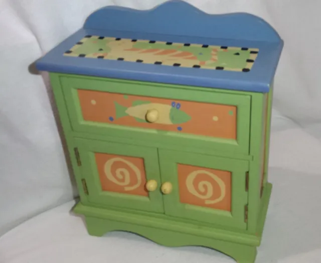 Whimsical Hand Painted Wooden Mini Treasures Box w/drawer & doors 9” x 11" x 4”