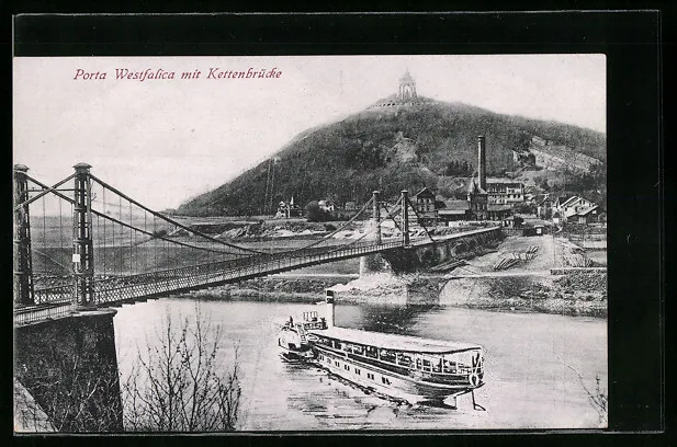 Ansichtskarte Porta Westfalica, Ortsansicht mit Kettenbrücke und Denkmal