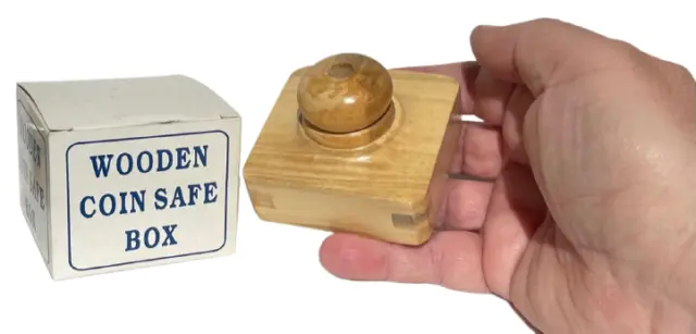 WOODEN COIN SAFE BOX Wood Puzzle Magic Trick Box Pen Holder Joke Gag Toy Brain