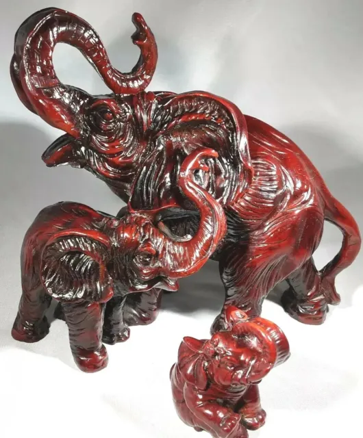 Elephant With 2 Baby Elephants Red Resin Trunk Up for Good Luck SEE