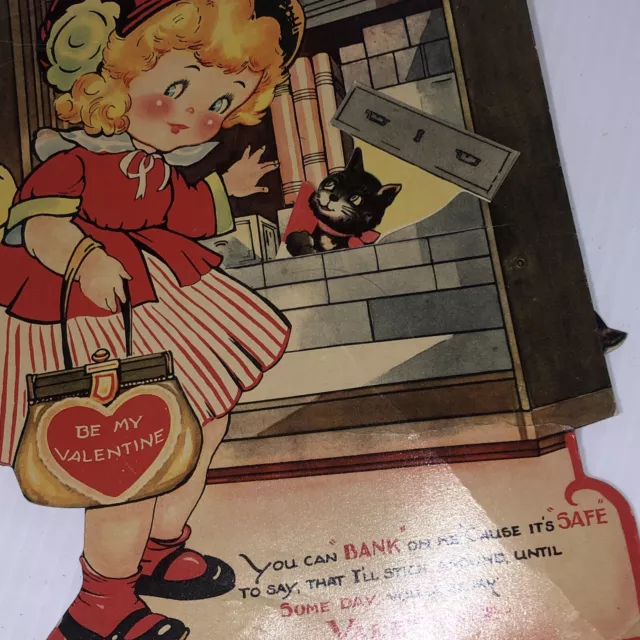 Vintage Large Mechanical Valentine’s Day Card Cat Kitten Moves Bank Drawer/115