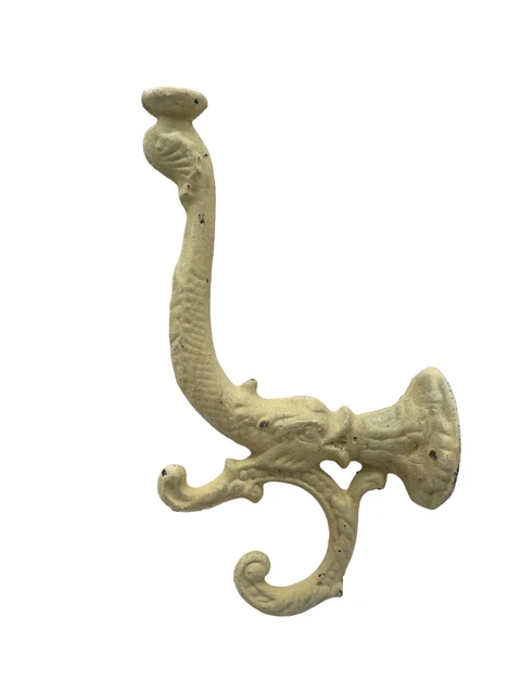 Vintage Ornate Wall 3 Hook Towel Robe Coat Hat Rack Whitewashed Cast Metal