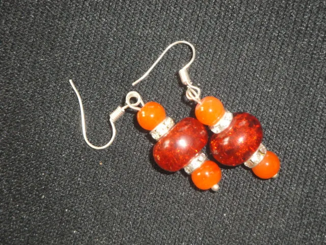 Stunning pair of large brown crackle glass, orange & clear crystal earrings