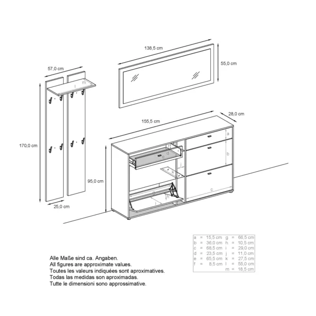 Garderobenset Garderobe Schuhschrank Wandpaneel Wandspiegel Orlando Schwarz matt