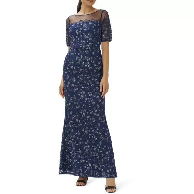 Adrianna Papell Womens Navy Embroidered Illusion Evening Dress Gown 12 BHFO 3823