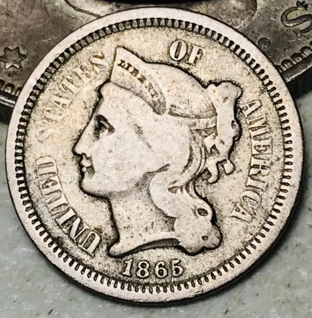 1865 Three Cent Nickel Piece 3C Circulated Civil War Date US Type Coin CC16329