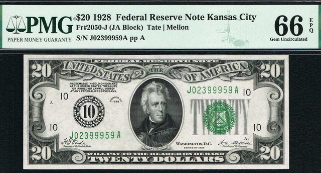 NUMERIC NOTE. $20 1928 Kansas City FRN. PMG 66 EPQ. Beautiful Note.