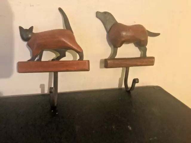 A Pair Of Coat Hooks Cat And Dog Metal And Wood Unused