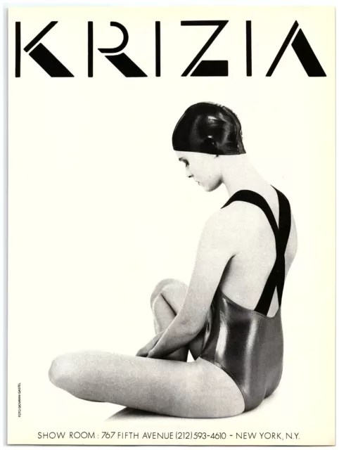 1987 Krizia Print Ad, 80's Style Fashion Swimsuit Swim Cap Athletic Body NYC 5th