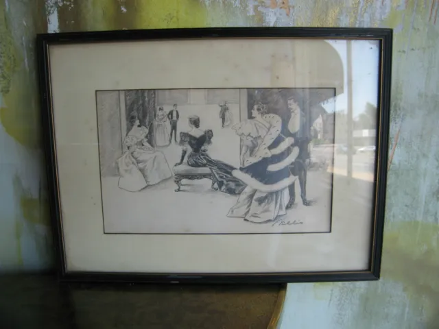 Antique Early 20th Century Pencil & Marker Drawing Signed Willis