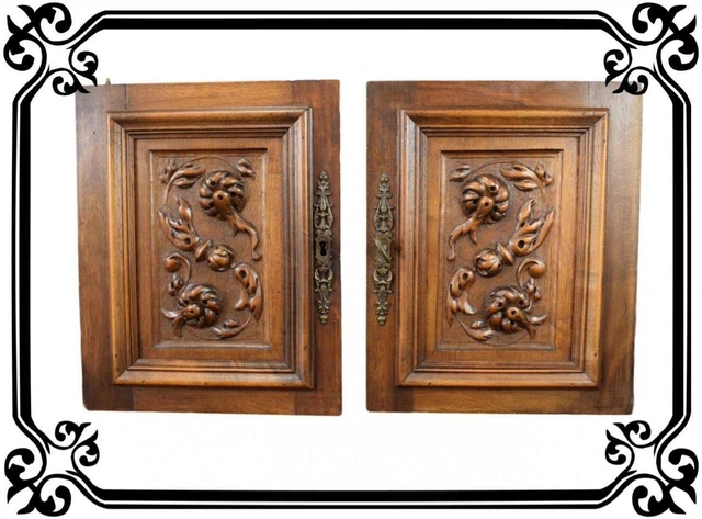 Pair of Antique French Hand Carved Solid Wood Cupboard Doors Wall Panels