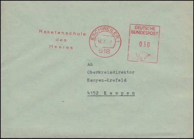 Bundeswehr Absenderfreistempel Raketenschule des Heeres ESCHWEILER 10.2.67