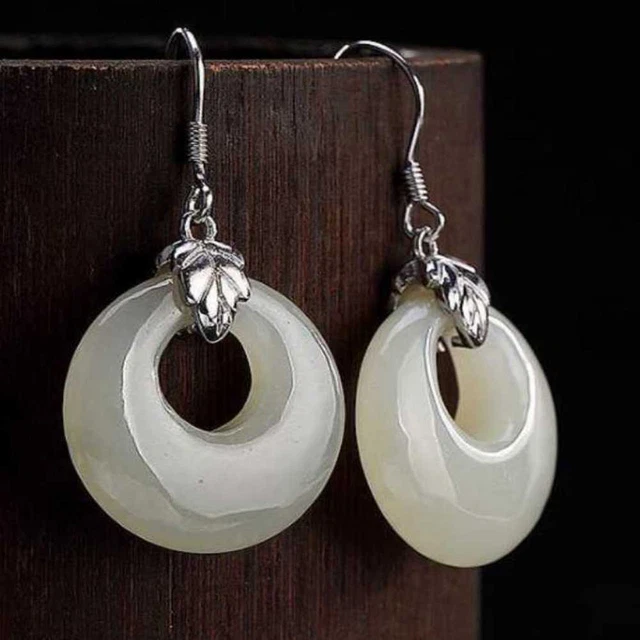 Natural White jade Gemstone Annulus Earrings Eardrop Cultured Mother's Day