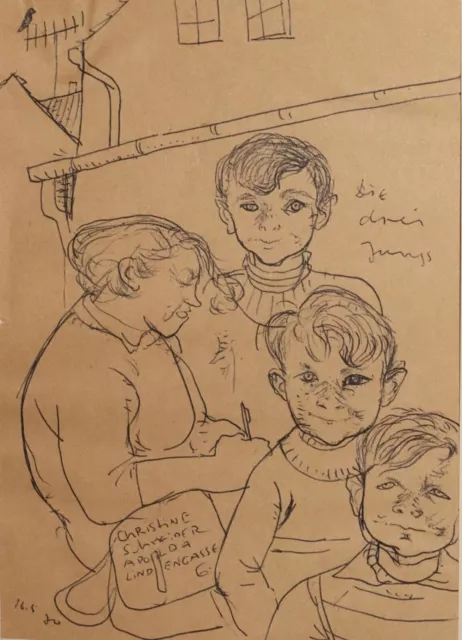 Vintage ink drawing three boys and their mother portrait