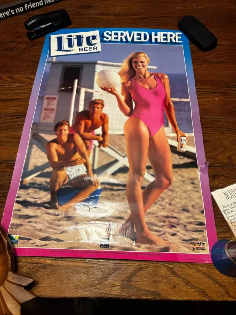 Vintage 80s Miller Lite Beer Poster Pro Beach Volleyball 20x30