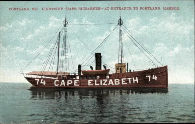 Portland Harbor Maine ME Lightship Cape Elizabeth Ship c1910 Vintage Postcard