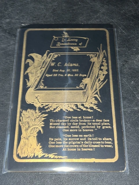 Vtg 1892 Victorian Mourning Funeral Cabinet Memorial Card Death W.C. Adams 20y/o