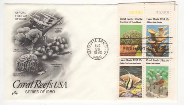 SSS:  ArtCraft  FDC  1980  15c  Coral Reefs USA     PB4      Sc #1827-30