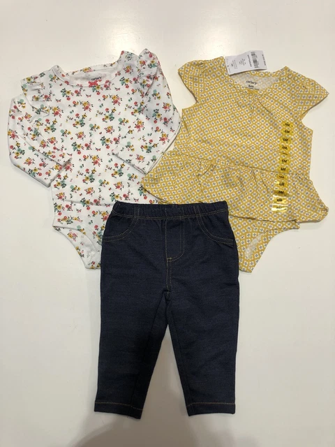 NWT Carters Baby Girl 3 Piece Outfit Denim Leggings Bodysuit Floral Yellow Sz 6M