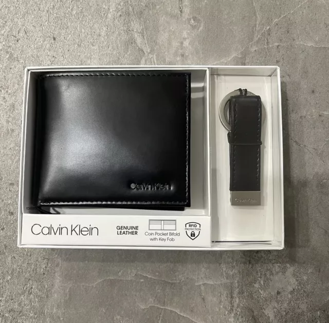 Calvin Klein Ck Mens Leather Bifold Id Wallet Key Fob RFID Black 79220 DEFECT